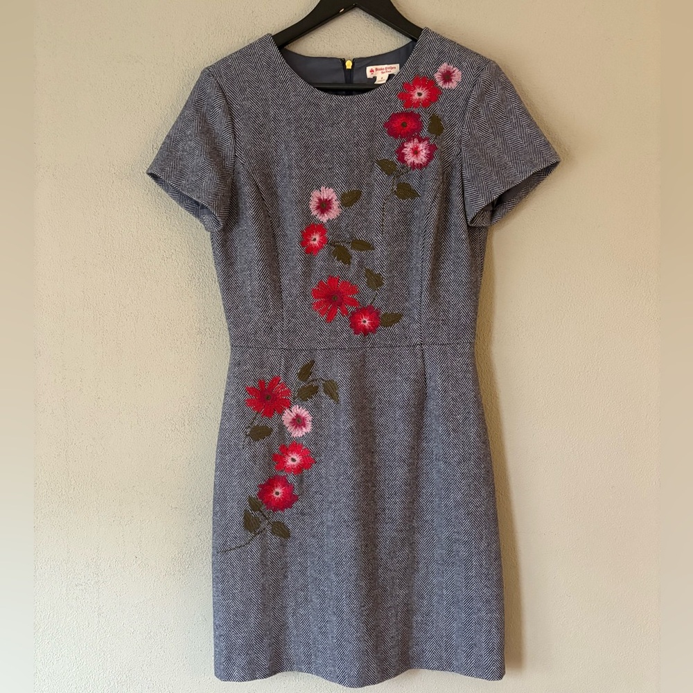 Brooks Brothers Red Fleece Herringbone Womens Embroidered Flower Wool Dress Sz 6